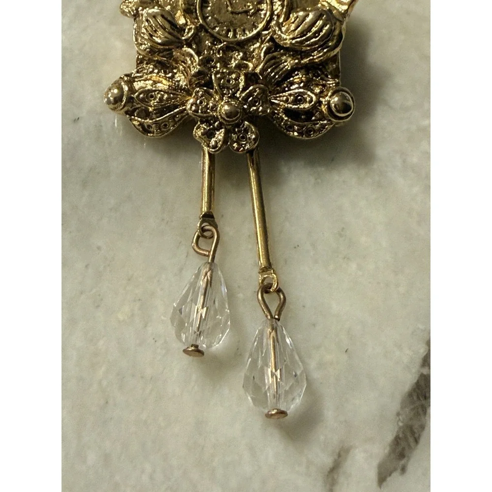 Liz Claiborne Coo Coo Clock Birdhouse Brooch or Pendant Gold Tone Crystal Drop